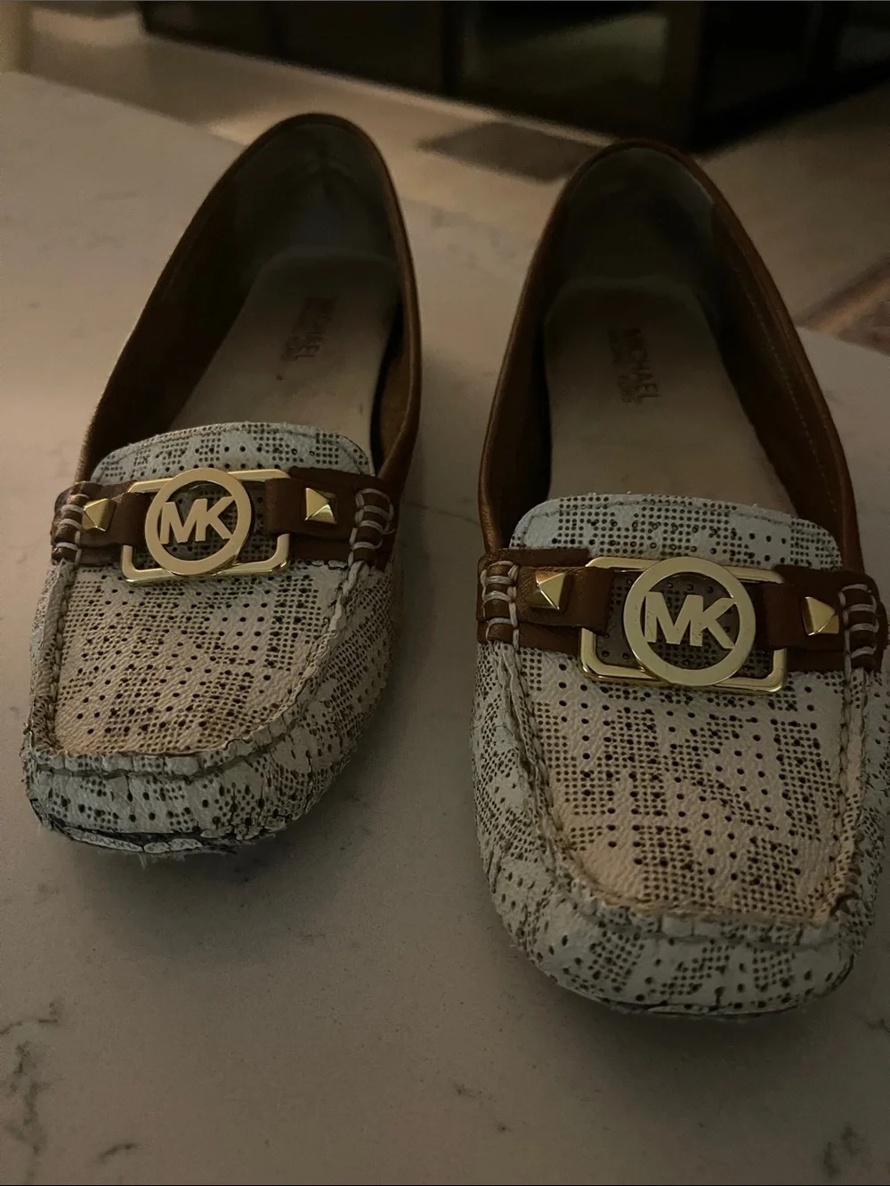 Michael Kors Cream Patterned & Brown Leather MK Logo Loafers
